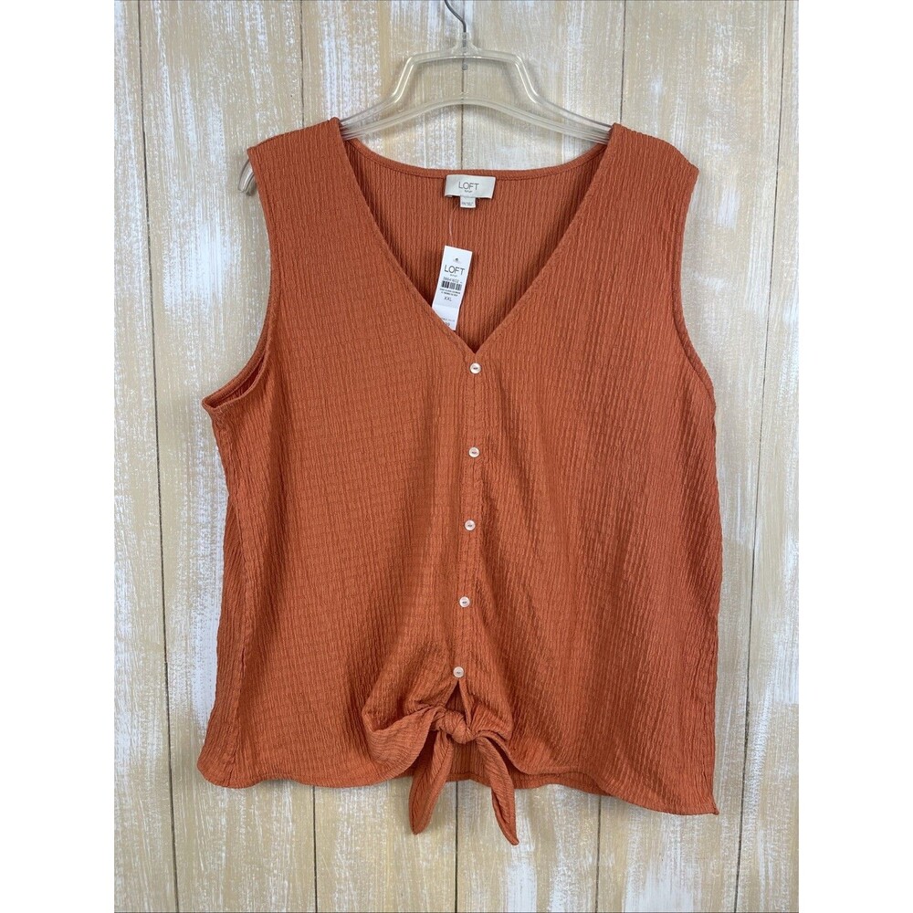 NWT LOFT Outlet Sleeveless V-Neck Button Front Tie Orange Blouse Size XXL